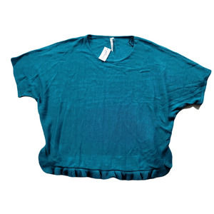 NY Collection Ruffled Sheer Pullover Sweater Womens Plus 1X Blue‎ Teal